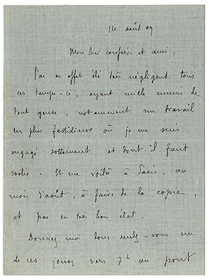 Lettre autographe de Remy de Gourmont à Octave Uzanne. 14 août 1909.