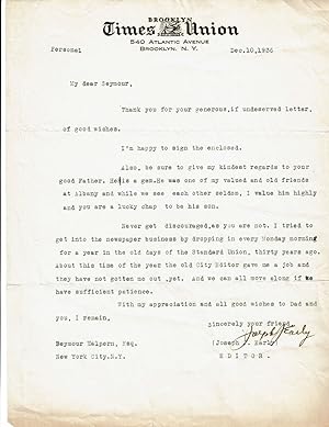TYPED LETTER SIGNED BY JOSEPH J. EARLY, PUBLISHER OF THE BROOKLYN TIMES UNION, SENDING HIS AUTOGR...