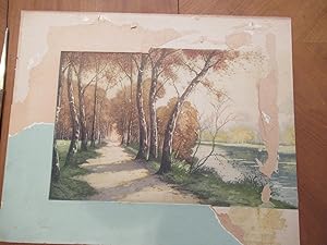 Original Watercolor Autumn Riverbank Scene