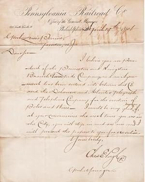 1884 HANDWRITTEN LETTER (ALS) FROM CHARLES E. PUGH, GENERAL MANAGER OF THE PENNSYLVANIA RR, TO GE...