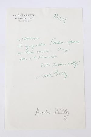 Lettre autographe signée de André Billy