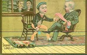 Showing Samples. Trade Card with illustration of young salesman showing samples to an older man.