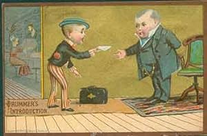Drummer's Introduction. Trade Card with illustration of young salesman introducing himself to old...