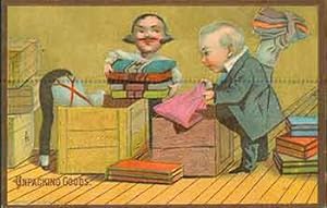 Unpacking Goods. Trade Card with illustration of young salesman unpacking a shipment of goods.