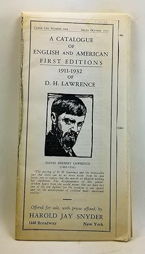 A Catalogue of English and American First Editions 1911-1932 of D. H. Lawrence. Check List Number...