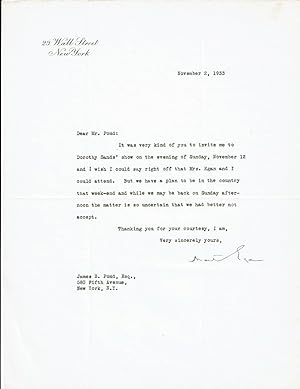 TYPED LETTER TO JAMES B. POND SIGNED BY MARTIN EGAN, AMERICAN WAR CORRESPONDENT AND LONGTIME STAF...