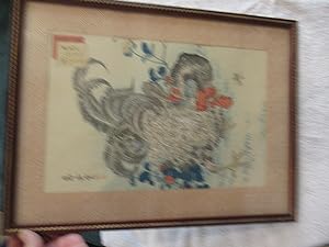 Japanese Woodcut Of Two Roosters With Flowers