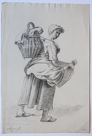 [Antique drawing] Standing woman with straw jar (Staande vrouw met rieten mand), ca. 1850-1900.