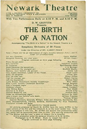 The Birth of a Nation (Original handbill for early theatrical run at the Newark Theatre in Newark...