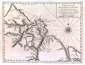 KARTE VON DEM EYLANDE CAIENNE UND UMLIEGENDEN ORTEN. Map of French Guiana with the island of Ca...