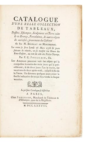Catalogue d'une belle Collection de Tableaux, Dessins, Estampes, Sculptures en Terre cuite & en B...