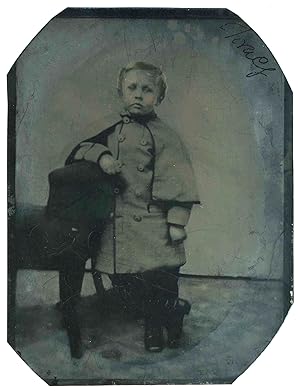 Civil War Full plate Tintype: Young boy in Confederate Greatcoat