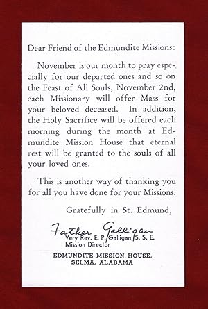 Vintage Prayer Card / Holy Card, circa 1956: Edmundite Mission House, Selma, AL, for Feast of All...
