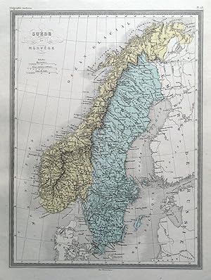 Antique Map SWEDEN & NORWAY Original Malte Brun, hand coloured c1850