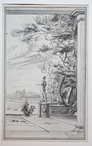 [Antique drawing, mixed media] View on a terrace with a statue and trees (Tekening van terras met...