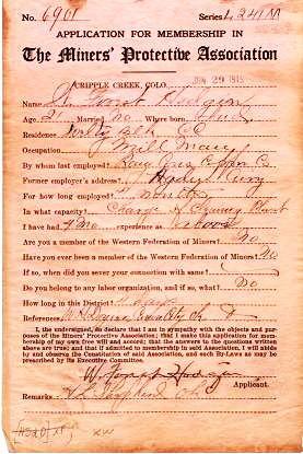 1915 APPLICATION FOR MEMBERSHIP IN THE MINERS' PROTECTIVE ASSOCIATION