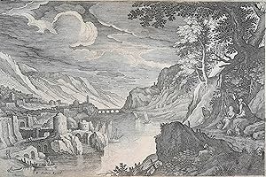 Kupferstich von 1620 . Antike Stadt in engem Flusstal, sog. Spinnrockenbild. Wüthrich 583-588, Ho...