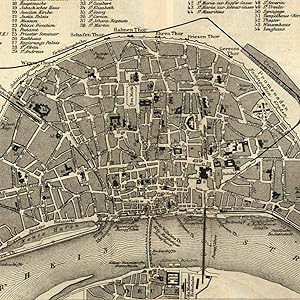 Cologne Germany Rhine river 1873 detailed old city plan map