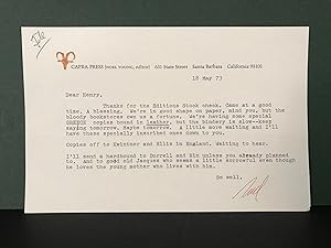 Typed Letter Signed to Henry Miller - From Editor Noel Young at Capra Press - 18 May 1973 [Signed]