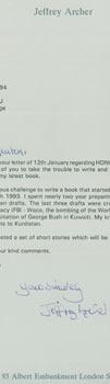 TLS Jeffrey Archer to Fr. G Wheaton, 24th January, 1994.