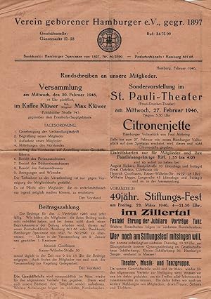 Verein geborener Hamburger e.V., gegr. 1897. Rundschreiben an unsere Mitglieder. Hamburg, Februar...