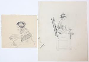 [Antique drawing] A young woman reading, ca. 1850, 2 pp.