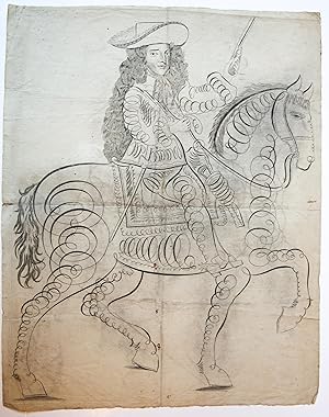 [Antique print, etching] Calligraphy portrait of William III on horse (gekalligrafeerd portret va...