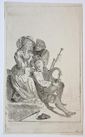Etching/ets: Three shepherds making music (drie muziekmakende schaapsherders).