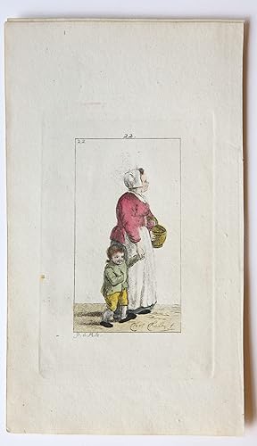 Handgekleurde ets/handcolored etching: Standing young woman holding a child by hand [plate 22 fro...