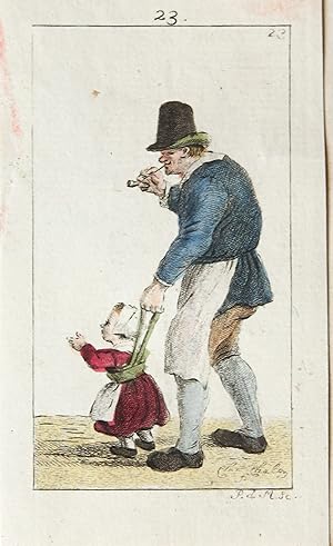 Handgekleurde ets/Handcolored etching: Standing man with hat, smoking a pipe, helping a child to ...