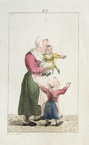 Handgekleurde ets/Handcolored etching: Standing woman holding a child in her arms and one on the ...