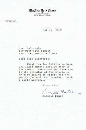 TYPED LETTER SIGNED by RUSSELL BAKER, to Jean Dalrymple, probably referring to one of his columns.