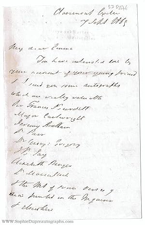 Autograph letter signed 'My dear Emma', (Sir John, 1792-1872, M.P., F.R.S., Linguist, Governor an...