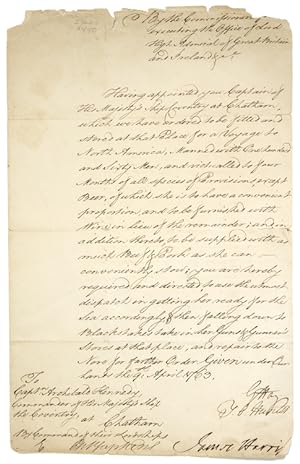 Manuscript document, one page, signed by Thomas Orby Hunter, James Harris (tear affecting letter)...