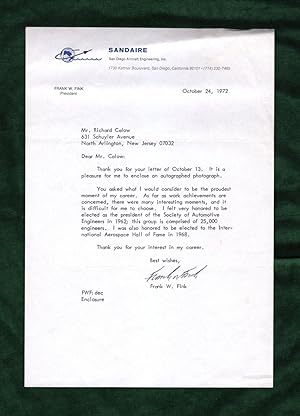 Frank W. Fink TLS (Typed Letter Signed) Dated October 24, 1972. Project Engineer for the Consolid...