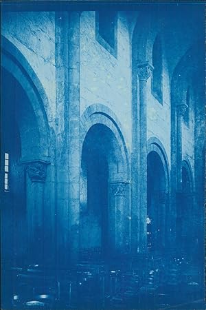 Vue intérieure église Romanesque ca.1900 cyanotype print