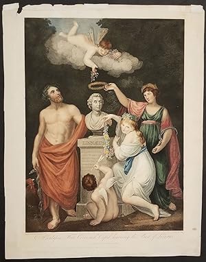 Aesculapius, Flora, Ceres and Cupid honouring the Bust of Linnaeus. Engraving