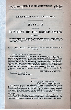 SENECA NATION OF NEW YORK INDIANS. Message from the President of the United States, transmitting ...