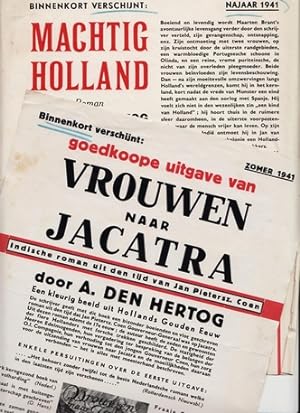 Twee reclamebiljetten voor romans van Ary den Hertog: Machtig Holland & Vrouwen naar Jacatra.