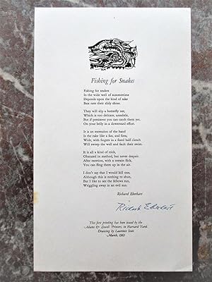 1965 Eberhart SIGNED Poem BROADSIDE Fishing For Snakes ADAMS & LOWELL PRINTERS