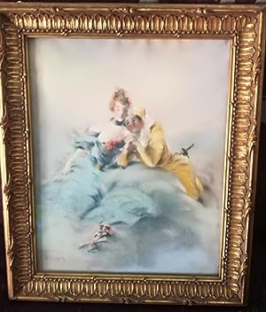 Authentic Antique LOUIS MORIN Pastel Drawing French Masquerade Mask Couple NR
