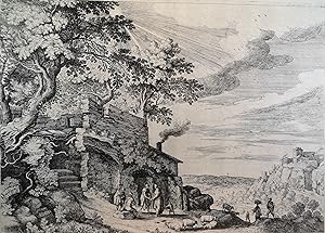 Kupferstich von 1605. Die Landschaft mit Abraham vor der Ruine.