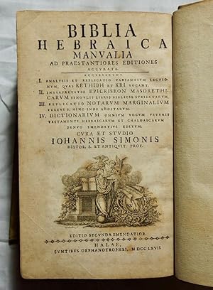 Biblia Hebraica Manvalia ad Praestantiores 1767 Hebrew Bible Simonis, Johannis