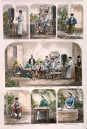 CHAMPAGNE BOTTLING, AT PIERRY, IN FRANCE. Seven detailed images on one page, of the process of ...