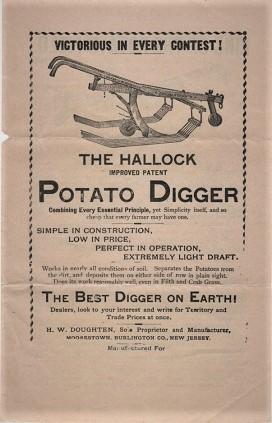 VICTORIOUS IN EVERY CONTEST! THE HALLOCK IMPROVED PATENT POTATO DIGGER.THE BEST DIGGER ON EARTH!