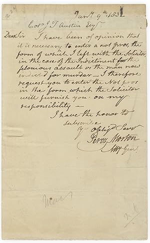 1832 Autograph Letter Signed from Perez Morton, Revolutionary War patriot and Boston Lawyer, to C...