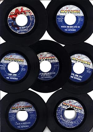 Seven classic 45 rpm records by The Supremes including 'Where Did Our Love Go' and 'I Hear A Symp...