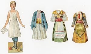 Front and Back McLoughlin style paper doll promotes Brook's Spool Cotton - 3 Costumes