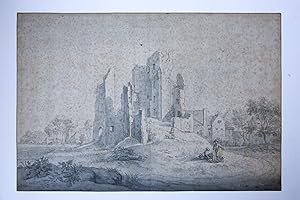 Drawing with ink/Tekening met inkt: Ruins of Huis ter Kleef castle near Haarlem (Ruine van Huis t...