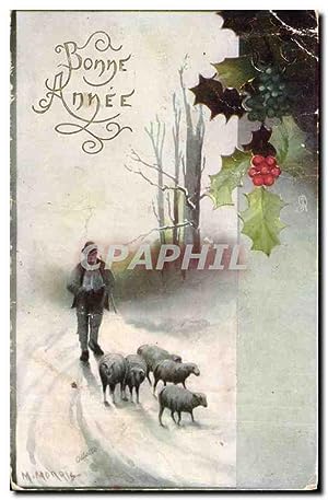 Bonne Année - houx - holly - mouton - pli - tucks post card - Carte Postale Ancienne
